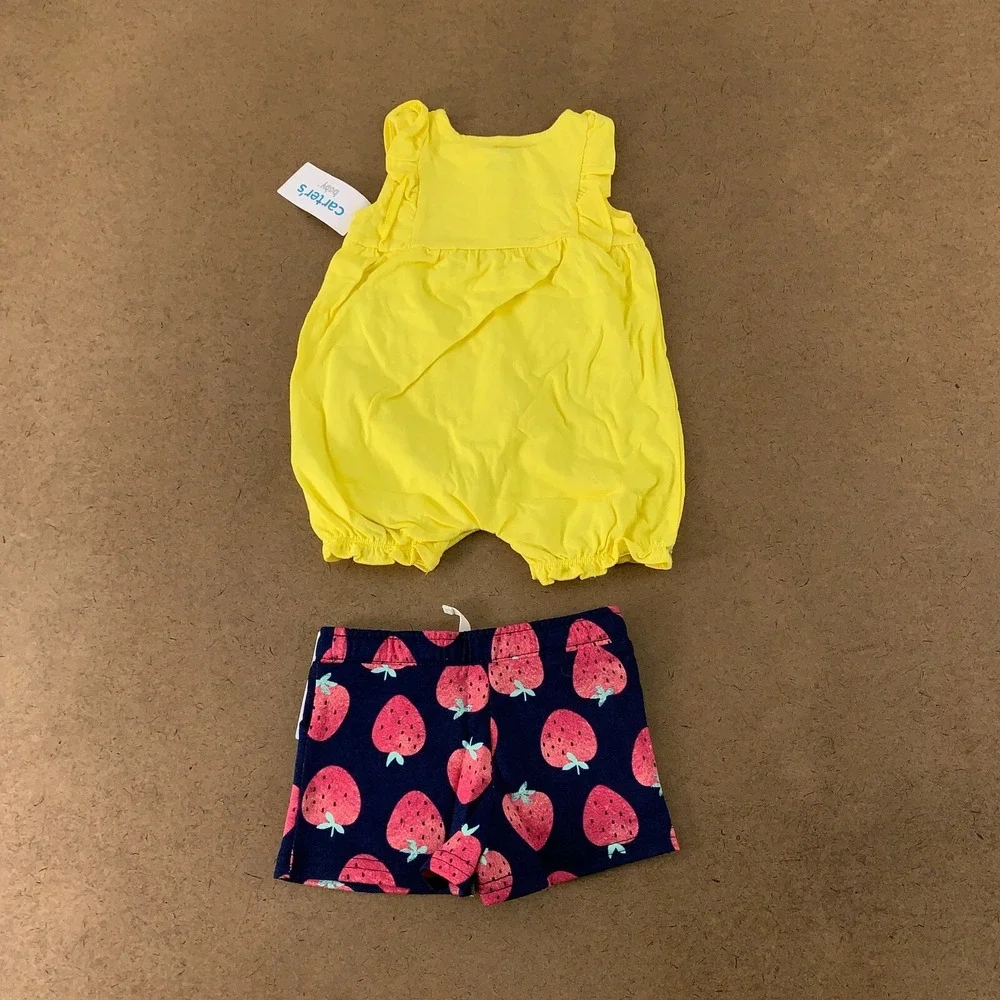 Carter's Baby Size 6 Months Blue Strawberry Shorts & Yellow Romper 2 Pieces NWT